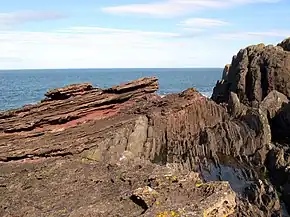 Hutton's angular unconformity at Siccar Point where Famennian age (371–359 Ma) Devonian Old Red Sandstone overlies Llandovery age (444–433 Ma) Silurian greywacke