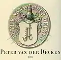 Seal of Peter von der Decken from the year 1591. Peter lived from 1539 to 1619. He is the son of Hermann. Hermann was a mayor of Stade and he started the first family line. Peter owned the farms: Kampe, Oerichsheil, Ritterhof and Wechtern. This style of the coat of arms from 1591 stayed until present.