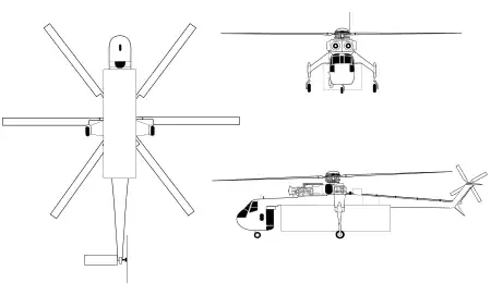 Orthographically projected diagram of the Sikorsky CH-54B Tarhe.