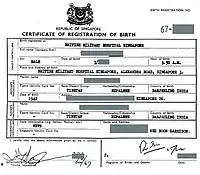 A 1967 Singapore certificate of registration of birth, without indication as to citizenship status