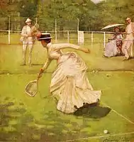 A Rally by Sir John Lavery. Badminton and tennis were popular occasions for parties, with women playing "mixed doubles" alongside male players.