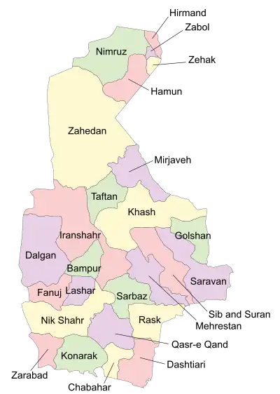 Location of Bampur County in Sistan and Baluchestan province (center left, green)