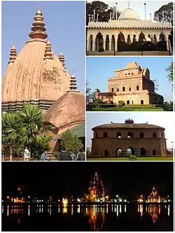 Clockwise from top: Sivadol, Ajanpir Dargah, Garhgaon's Kareng ghar, Rang Ghar and night view of Sivasagar tank