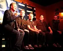 Horn (center) at a Q & A after the premier of the animated 300th episode of Skeptoid at the University of California, Irvine March 3, 2012