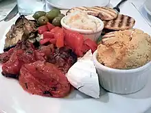 Skordalia sauce, hummus and grilled vegetables