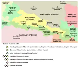 Kingdom of Slavonia in 1751, shown in yellow