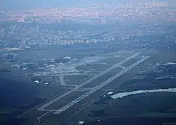 Aerial view of Sofia airport and the city behind it