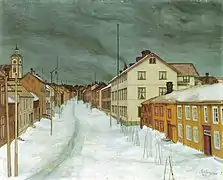 Storgaten Røros, painting by  Harald Sohlberg from 1903 (titled Røros main street)