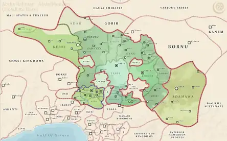 Adamawa Emirate (right) in the orbit of the Sokoto Caliphate .