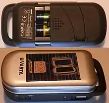 Varta solar charger model 57082 with two 2100 mAh Ni–MH rechargeable batteries