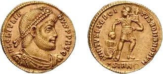 Solidus, obverse showing Julian as philosopher, reverse symbolizing the strength of the Roman army