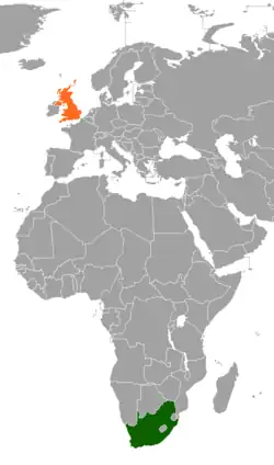 Map indicating locations of South Africa and United Kingdom