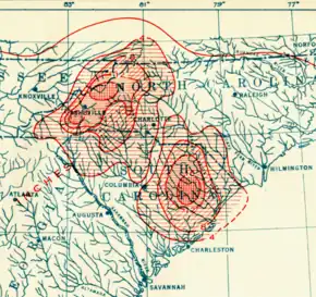 Contour map of rainfall over the Southeastern U.S.