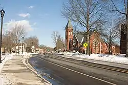 The First Congregational Church and, in the background, the South Hadley Post Office and Village Commons