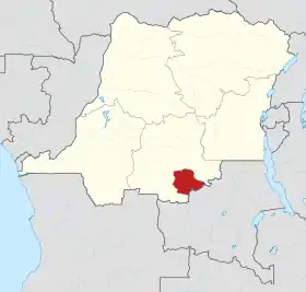 Map of the Congo in 1961 with South Kasai highlighted in red, bordered by secessionist Katanga to the south.