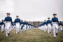 The United States Air Force Academy commissions officers into the United States Air Force and United States Space Force.