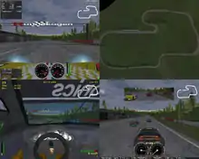 A screenshot divided into four regions, showing different views of the start of a race.