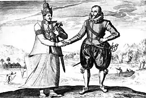 Image 40A 17th-century engraving of Dutch explorer Joris van Spilbergen meeting with King Vimaladharmasuriya in 1602 (from Sri Lanka)