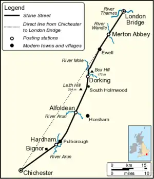 Map showing the route of Stane Street