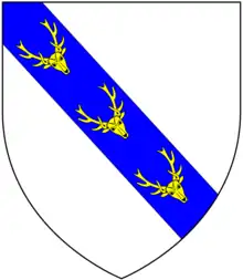 Arms of Stanley: Argent, on a bend azure three buck's heads cabossed or