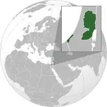 Territory claimed by Palestine (green).Claimed territory annexed by Israel (light green).All claimed territory is occupied by Israel.