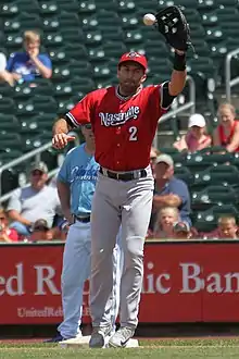 A baseball player in red and gray