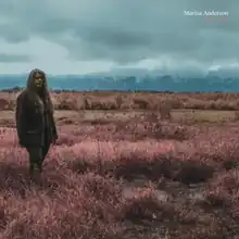 A photo of the artist stood in a desert field of red grass under a dark, cloudy sky.