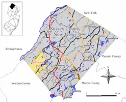 Location of Stillwater Township in Sussex County highlighted in yellow (right). Inset map: Location of Sussex County in New Jersey highlighted in black (left).