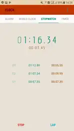 A digital stopwatch application on an Android device.