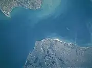 The Strait of Dover from above. The form of Cape Gris-Nez is clearly visible on the coast of France (the southern Coast).