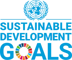 Logo for the United Nations Sustainable Development Goals with the UN symbol above the words "Sustainable Development Goals". The "O" in goals being a rainbow of colours