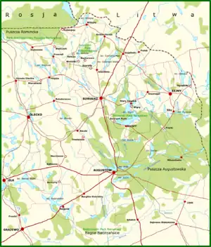 Map of the Suwałki Region, with towns, roads and forest areas