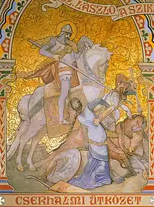 The depiction of the Battle of Cserhalom in the Saint Ladislaus chapel, Matthias Church (Budapest, Hungary) (painting by Károly Lotz, 19th century). King Saint Ladislaus of Hungary saves the kidnapped Hungarian girl from a Cuman warrior.