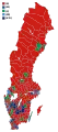 Votes by municipality. The municipalities are the color of the party that got the most votes within the coalition that won relative majority.