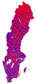 Votes by municipality as a scale from red/Red-green bloc to blue/Alliance for Sweden.