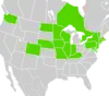 Symphyotrichum × amethystinum recorded occurrences: Canada — Ontario; US — Colorado, Connecticut, Illinois, Indiana, Iowa, Kentucky, Maryland, Massachusetts, Minnesota, Missouri, Nebraska, New Jersey, New York, North Dakota, Pennsylvania, Rhode Island, Vermont, Washington, and Wisconsin.