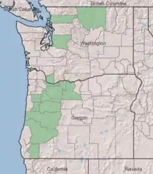 Symphyotrichum hallii native distribution: Oregon and Washington — Puget Sound region, Willamette Valley, outliers in Columbia Gorge and central Washington. County distribution: Oregon — Benton, Clackamas, Douglas, Hood River, Josephine, Lane, Linn, Marion, Multnomah, Polk, and Wasco; Washington — Clark, King, Okanogan, and Skagit.