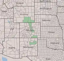 Symphyotrichum porteri native distribution map: US — Colorado counties: Boulder, Douglas, El Paso, Gilpin, Jefferson, Larimer, Las Animas, and Teller; New Mexico counties: Harding and San Miguel; Wyoming counties: Albany, Carbon, and Laramie