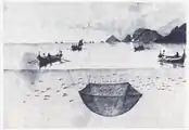 Boats fishing for saithe with a lift net along the Norwegian coast in a drawing by Lauritz Haaland (1900)