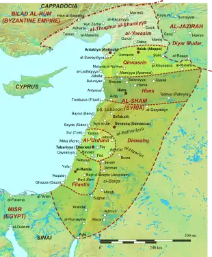 Geophysical map of the Levant, with major cities and boundaries of the early Islamic provinces marked