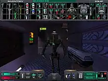 An in-game System Shock 2 gameplay screenshot, showcasing the interaction menus. A hand is holding a silver pistol while the mouse is pointed at an unknown robotic being, while on top of the screen several minor objects are shown organized as in inventory.