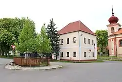 Centre of Třtice with municipal office and Church of Saint Nicholas