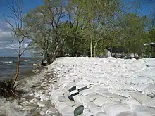 A sandbag wall to limit erosion, wave damage and flooding