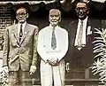 Quah Chin Lai  (left) a leading member of the Singapore trade mission delegation in Beijing, Aug 1956. Seen here with Mr. Tan Kah Kee (middle). Photo can be found in Xiamen University museum.