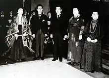 From left to right: Princess Kazuko, Toshimichi Takatsukasa, Emperor Hirohito, Empress Nagako, Empress Dowager Sadako in May 1950