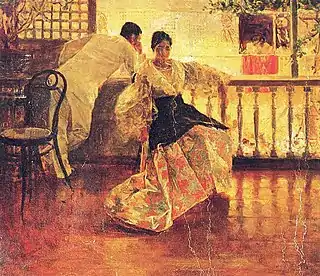 1895 painting of a Filipina in traditional traje de mestiza dress