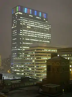 Target Plaza South, the headquarters of Target Corporation, lit up multicolored during the winter.