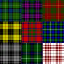 Montage of 9 tartan designs, from simple to complex, and in a wide range of colours