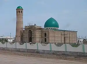 Mosque under construction in Tejen, Ahal Province, Turkmenistan, in May 2018