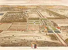 A coloured engraving made in 1699 by J Kip after a drawing by Leonard Knyff showing an aerial view of the house and estate at Temple Newsam